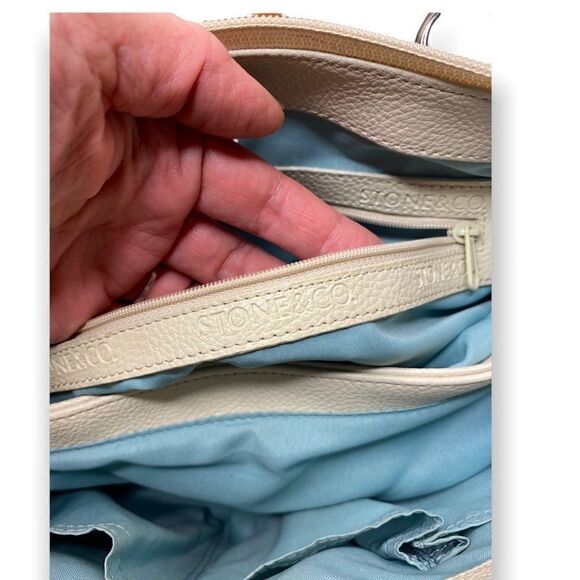 Stone & Co Womens Cream Leather Double Handles Classic Shoulder Handbag Purse - Picture 7 of 8